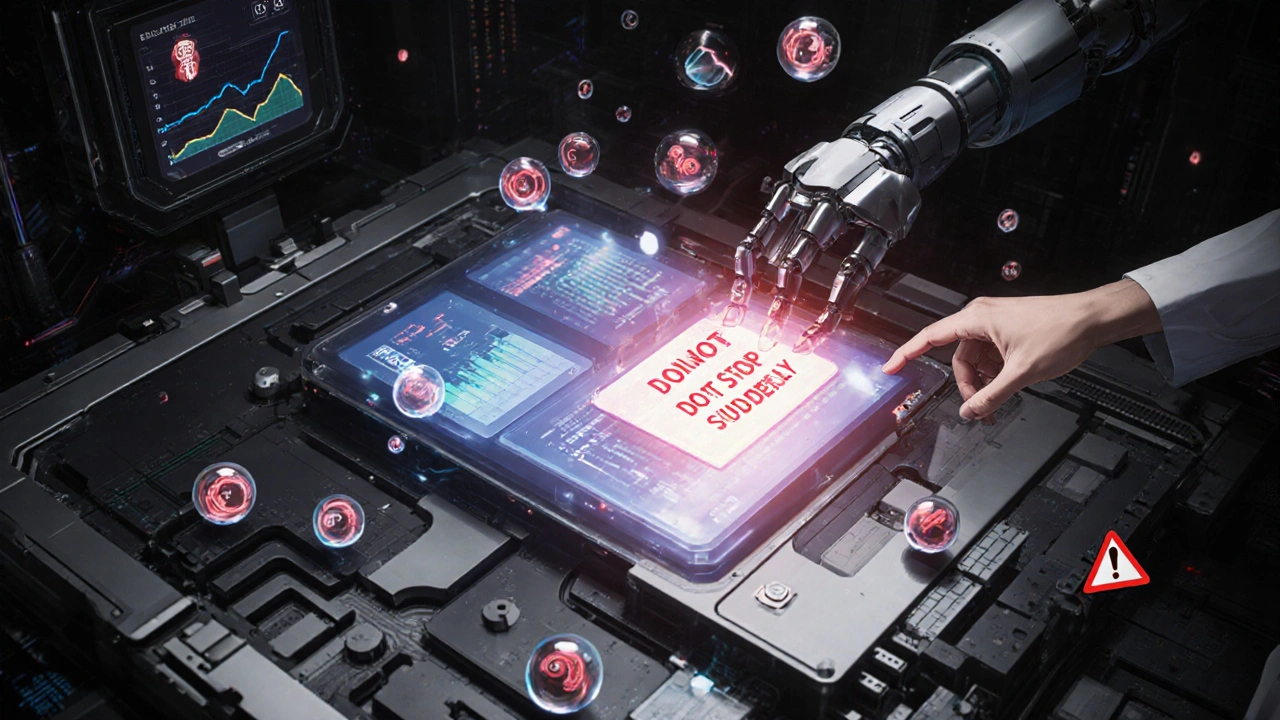 A holographic Zestoretic tablet disassembles into components with floating health data in a high-tech lab.