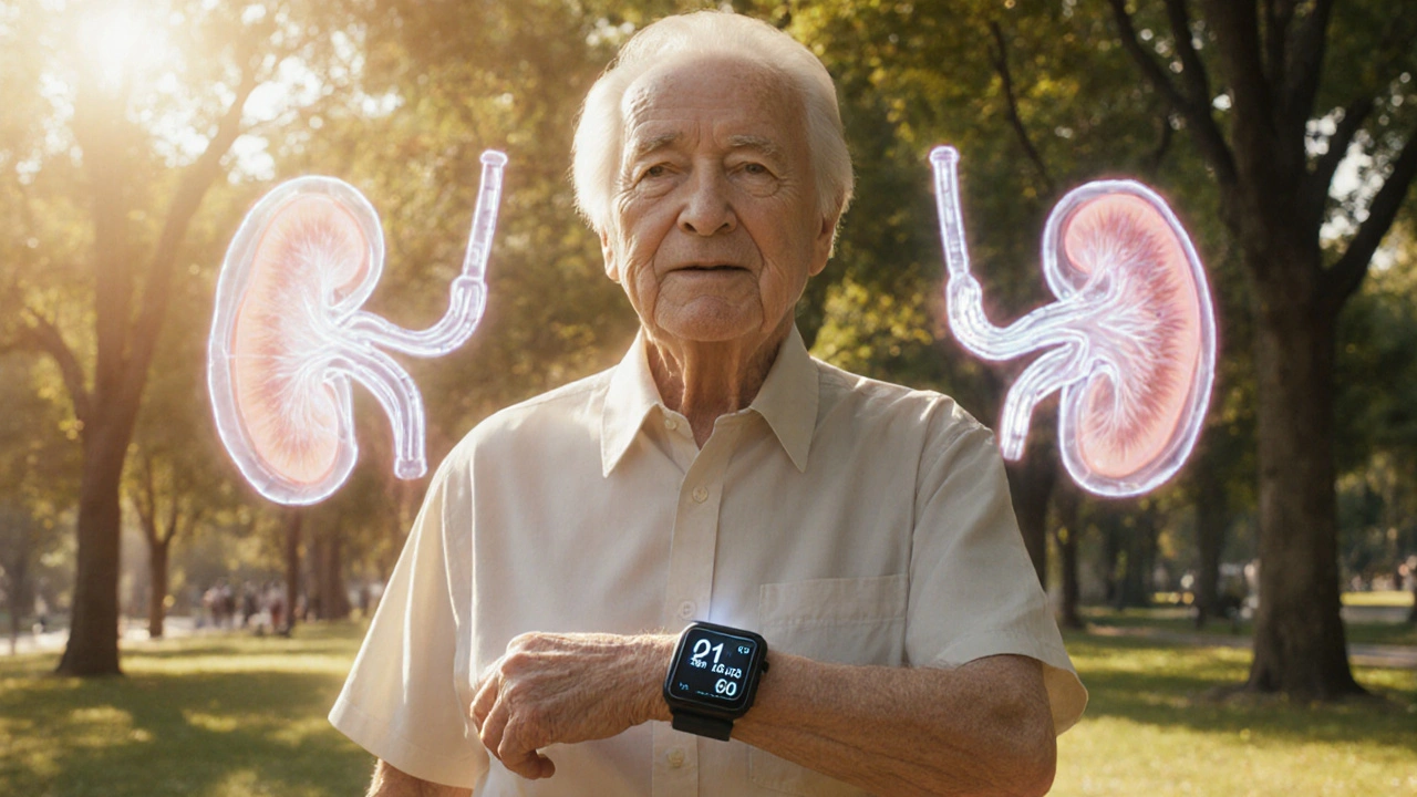 An elderly person walks in a park as protective robotic arteries and kidneys glow softly behind them.