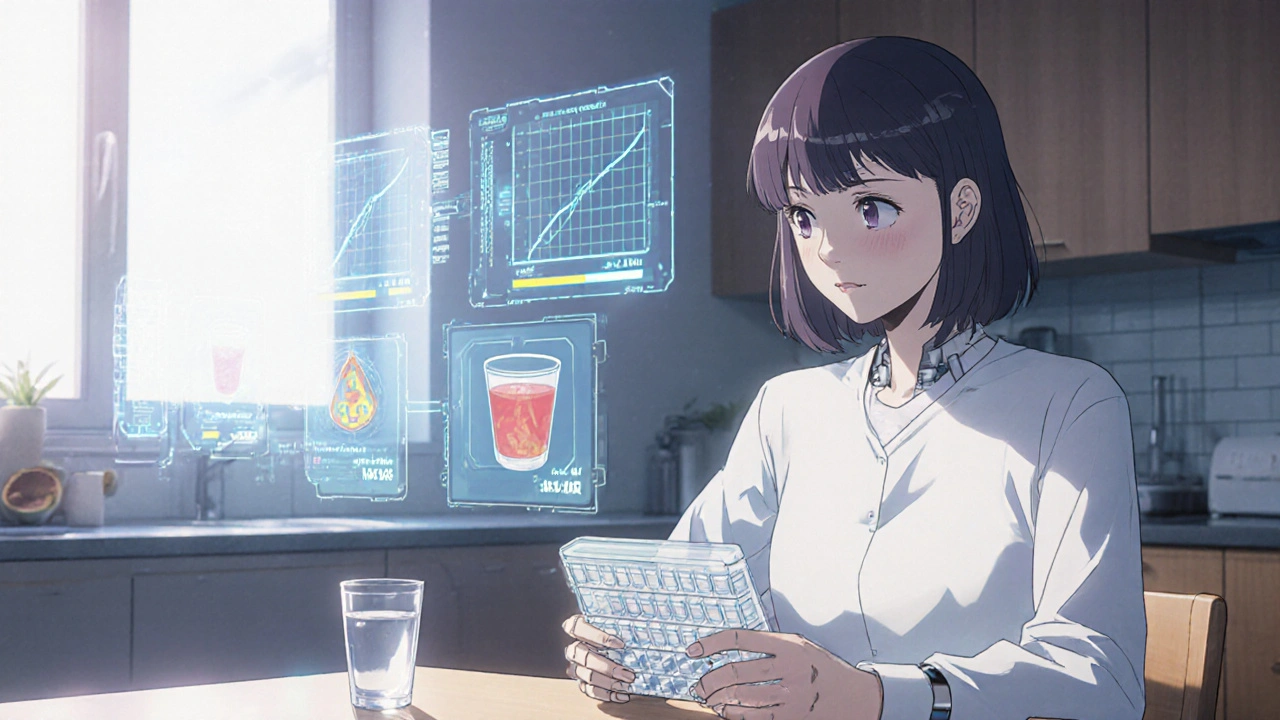 Patient taking medication with floating digital monitors showing drug interactions and blood levels in a home setting.