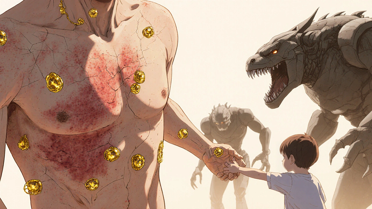 Skin healing over time as robotic nanobots repair tissue, with immune threats fading away in the shadows.