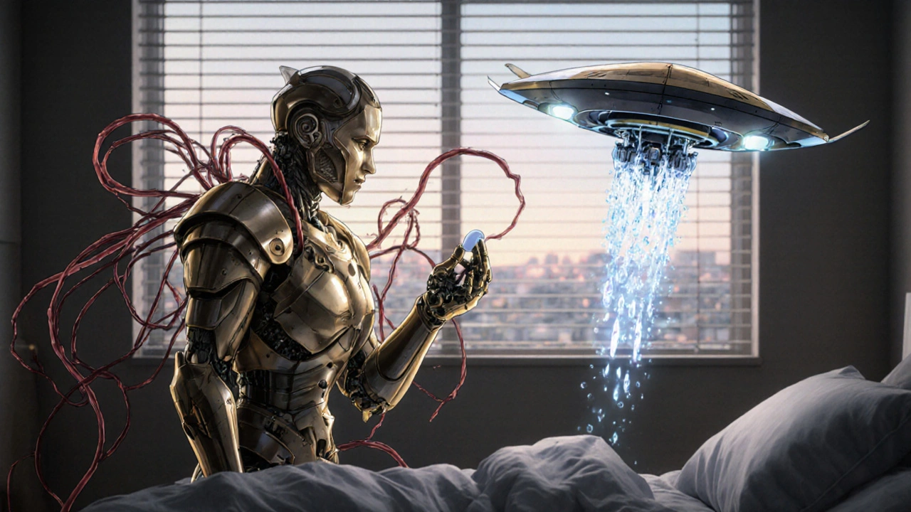 Two robotic avatars protect a sleeping patient, symbolizing Zestoretic&#039;s dual action on arteries and kidneys.