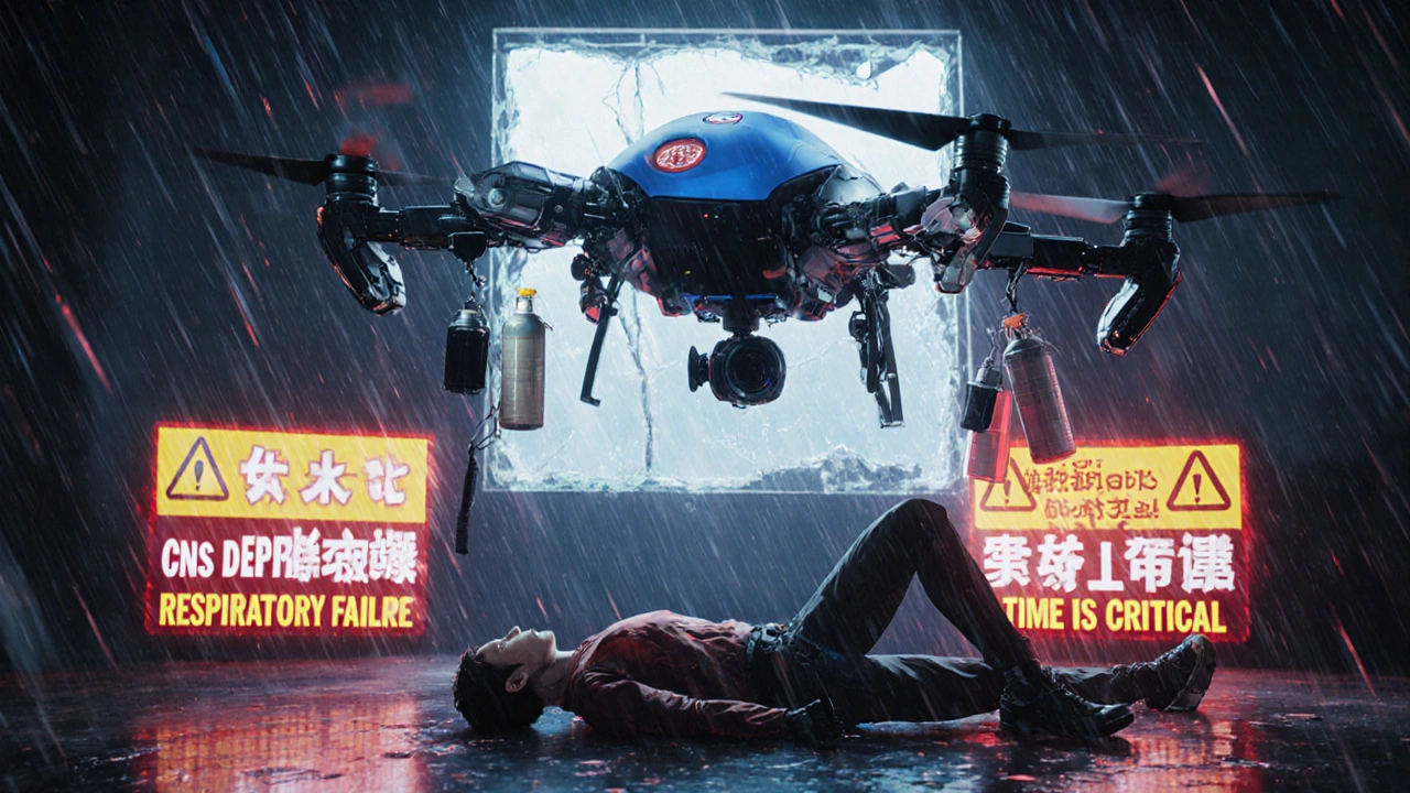 A medical drone hovers over a collapsed person, deploying emergency gear as holographic warnings flash in the air.