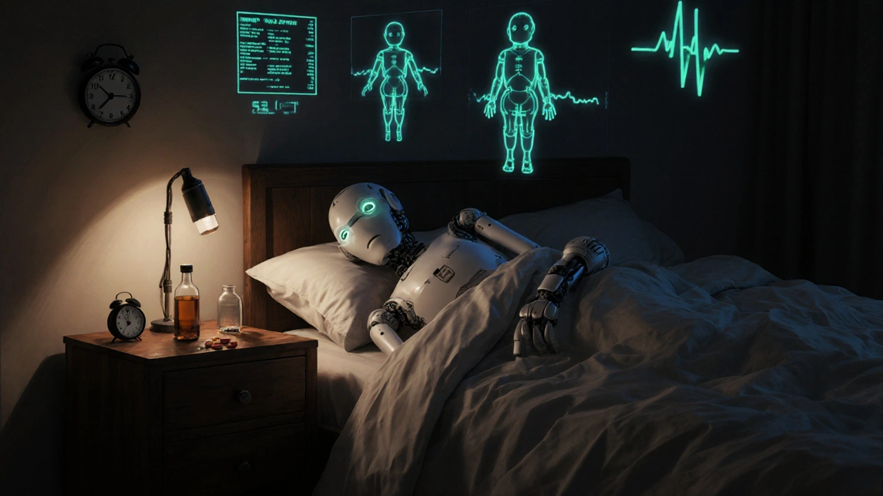 An elderly robot slumps in a bedroom as ghostly health monitors flicker above it, dim lights casting long shadows.