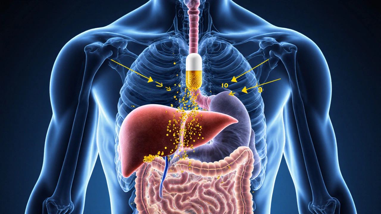 Anatomical view showing a pill converted in the liver to active hormone reaching intestine, bone, and parathyroid.