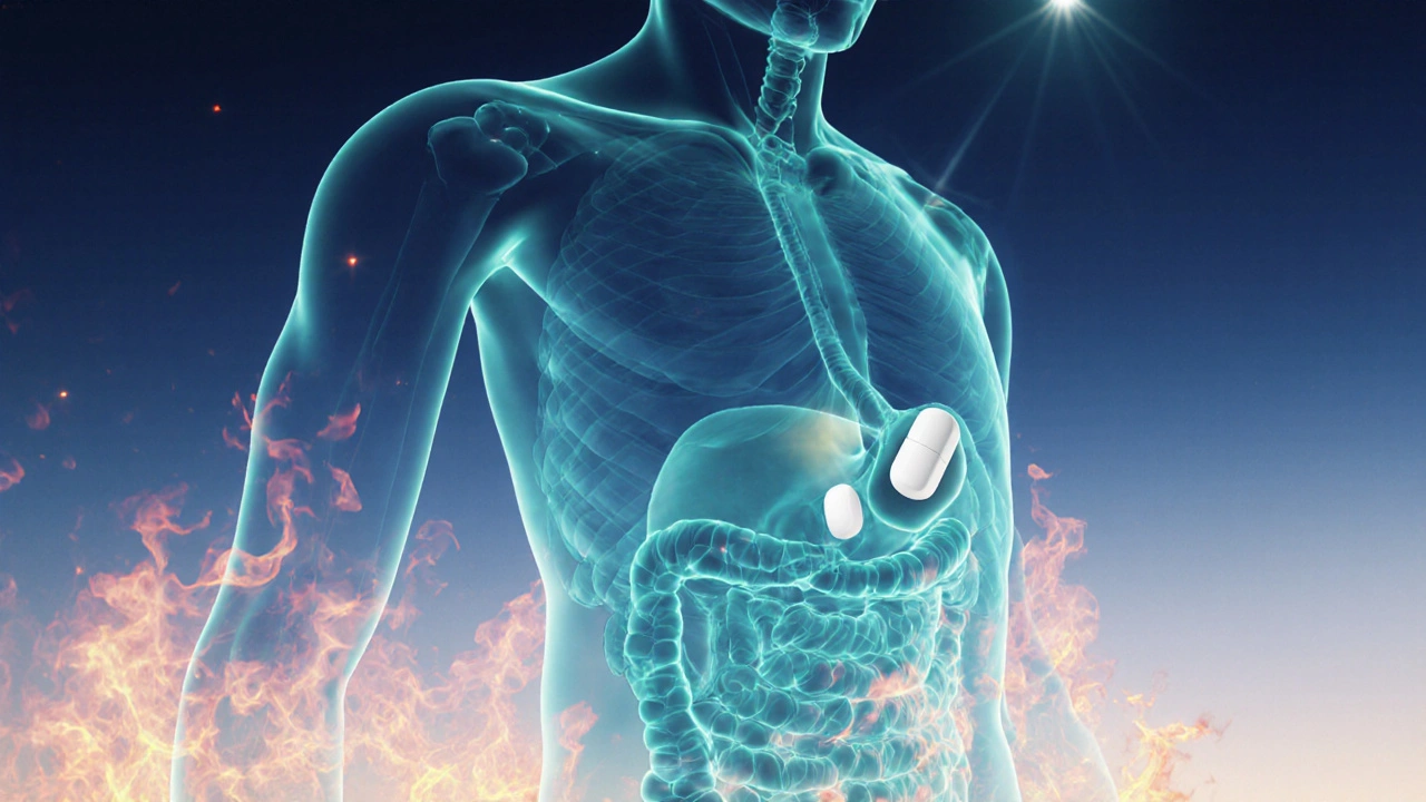 Art showing calm stomach with fading acid flames after taking a pill.