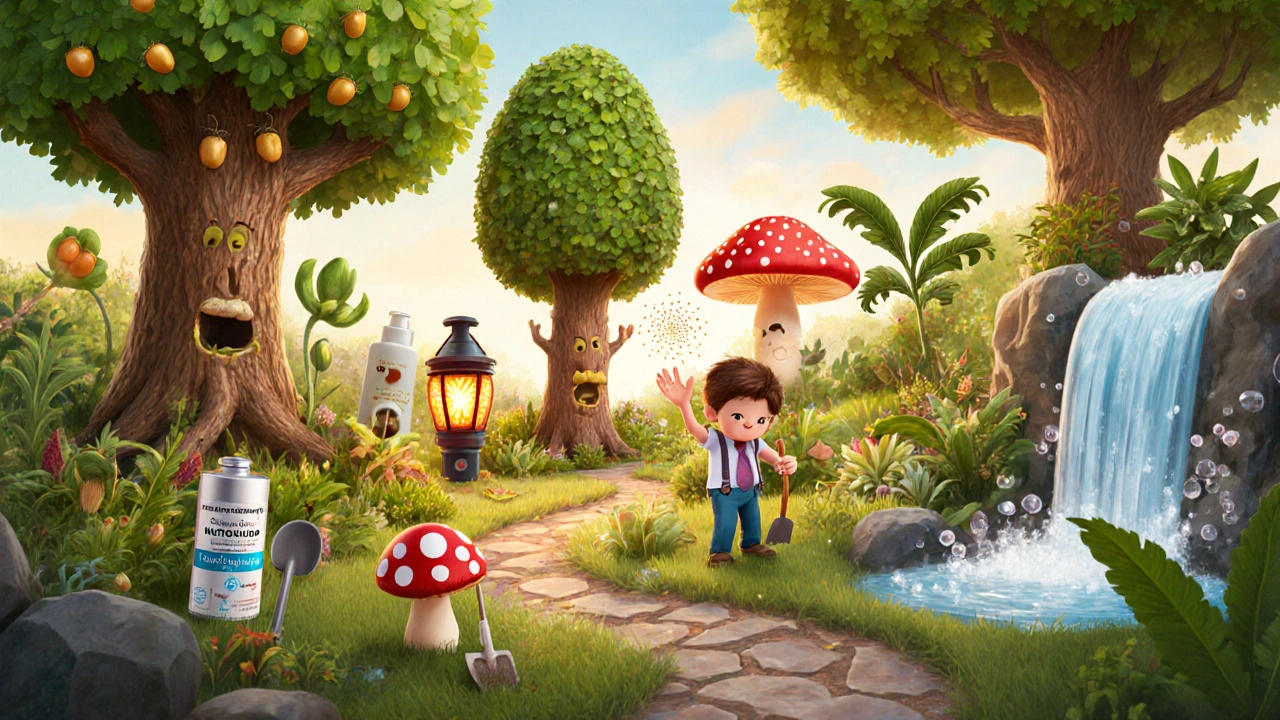 Cartoon garden where each plant represents a different hair‑loss option.