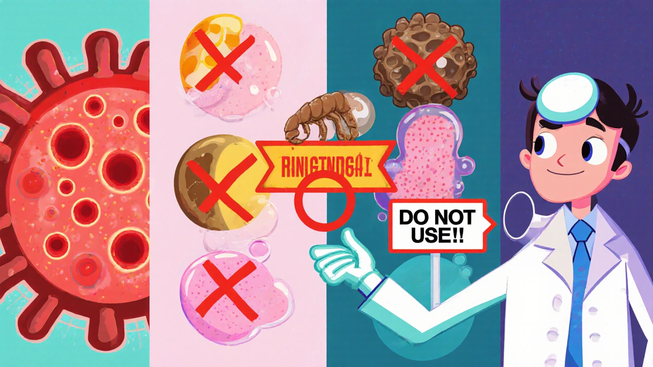 Cartoon showing viral, fungal, bacterial, acne, and facial contraindications with red X signs.