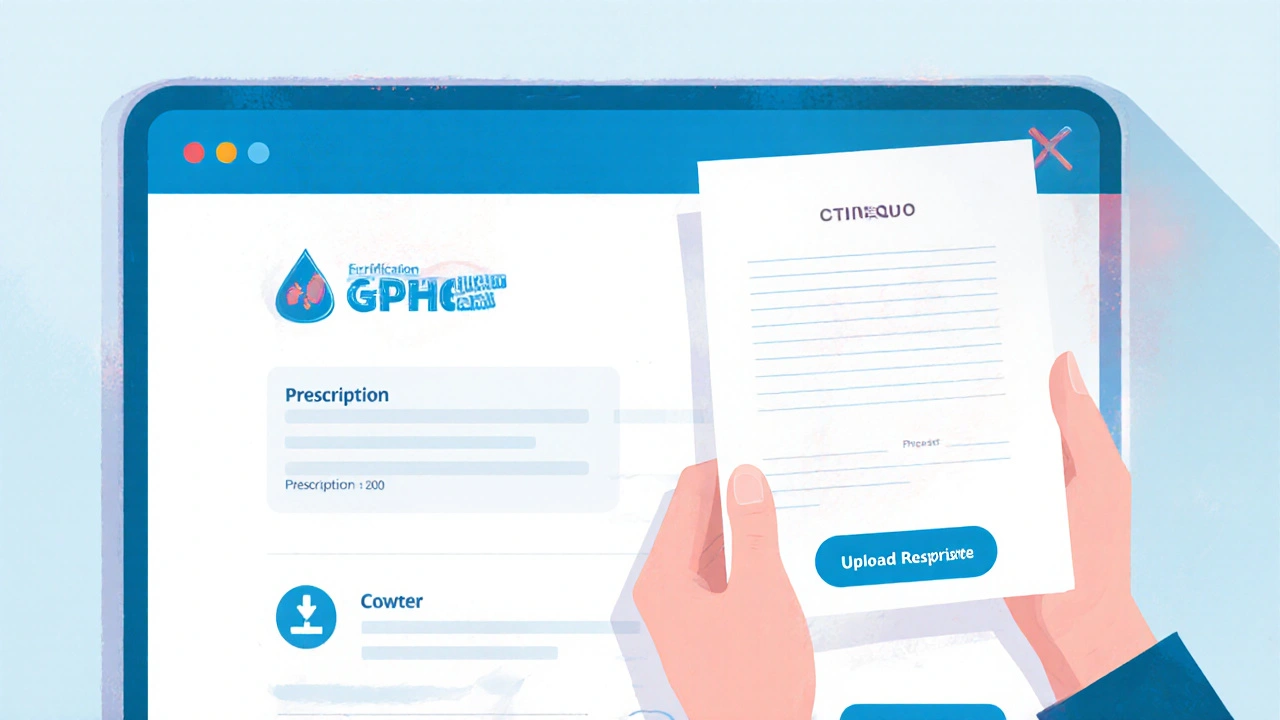 Close‑up of online pharmacy page showing verification badge and prescription upload.