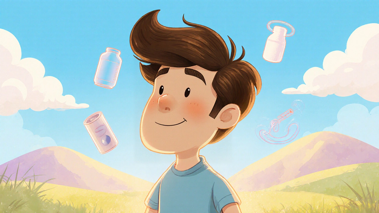 Confident man with full hair standing in sunny field, surrounded by faint treatment symbols.