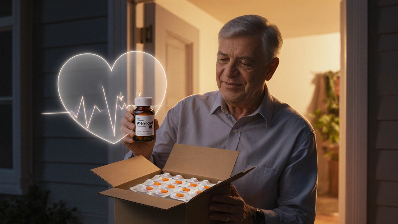 Customer opening a package to inspect atenolol tablets, feeling relieved.