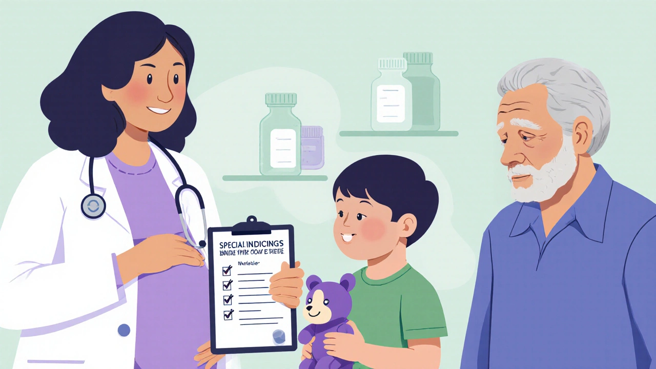 Doctor advising a pregnant woman, child, and elderly man with safety checklist.