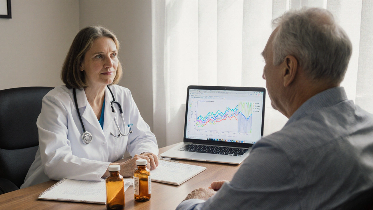 Doctor and patient discussing treatment with medication bottles of Alfacalcidol and vitamin D3 on a desk.