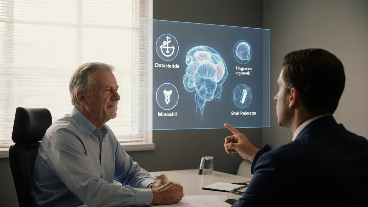 Doctor and patient viewing a hologram of prostate shrinkage and hair regrowth.