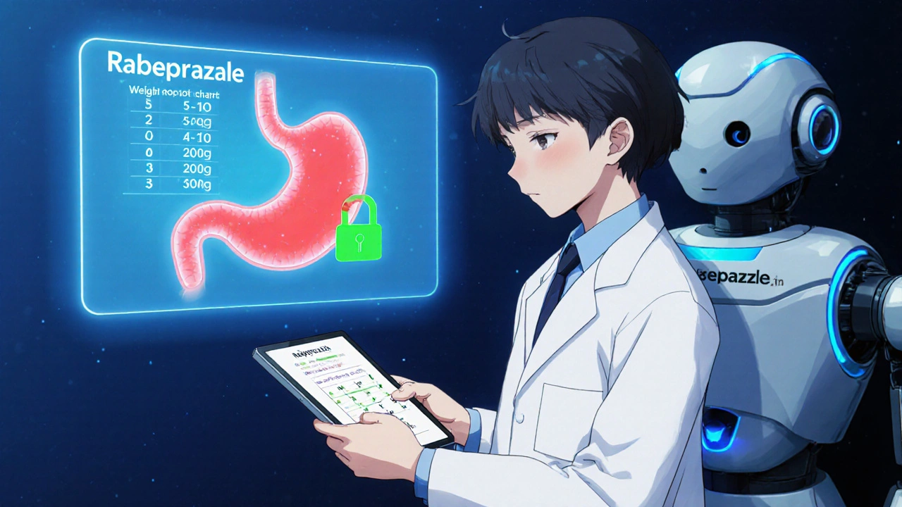 Doctor displaying holographic dosage chart and robot blocking stomach pump.