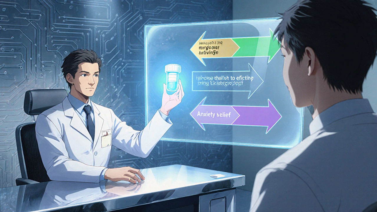 Doctor presenting a glowing combo pill to a patient, with visual cues for anxiety relief, cost, and spontaneity.