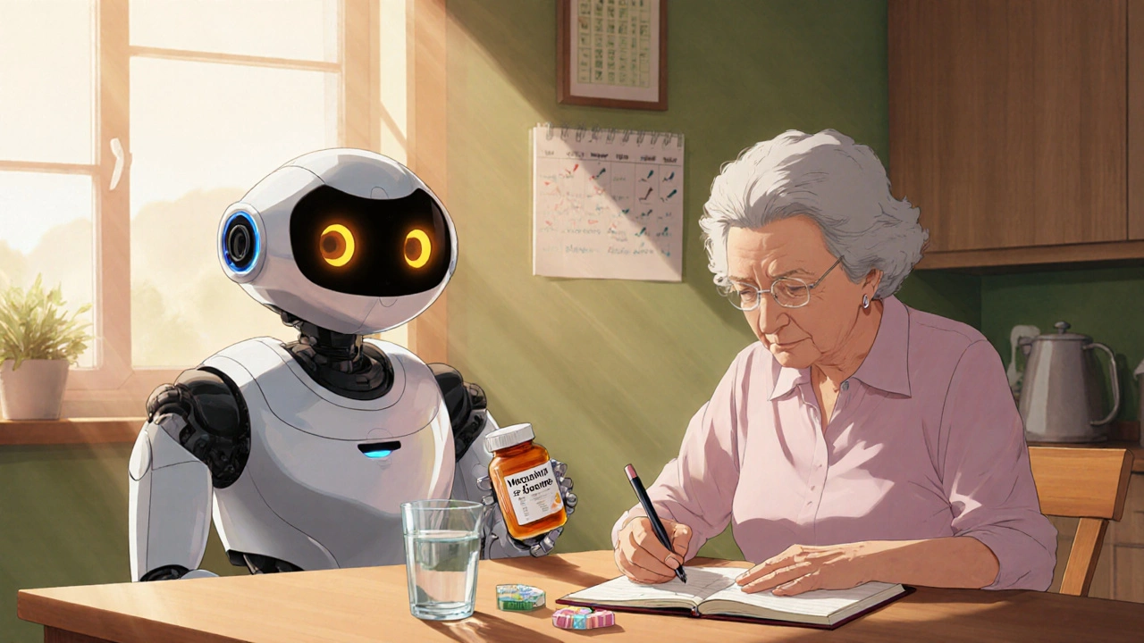 Elderly woman records her Meclizine dose in a diary with a helpful robot by her side.