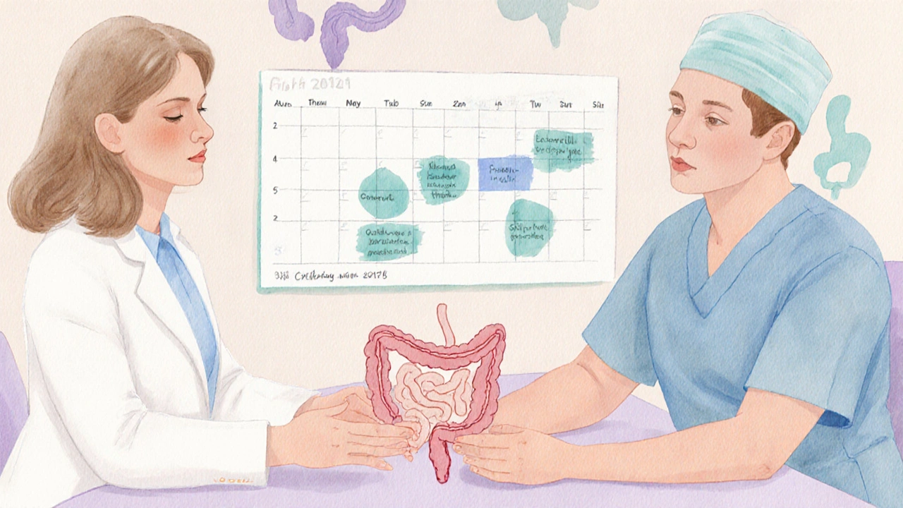 Family receiving genetic counseling and surgery planning with ileal pouch model and calendar.