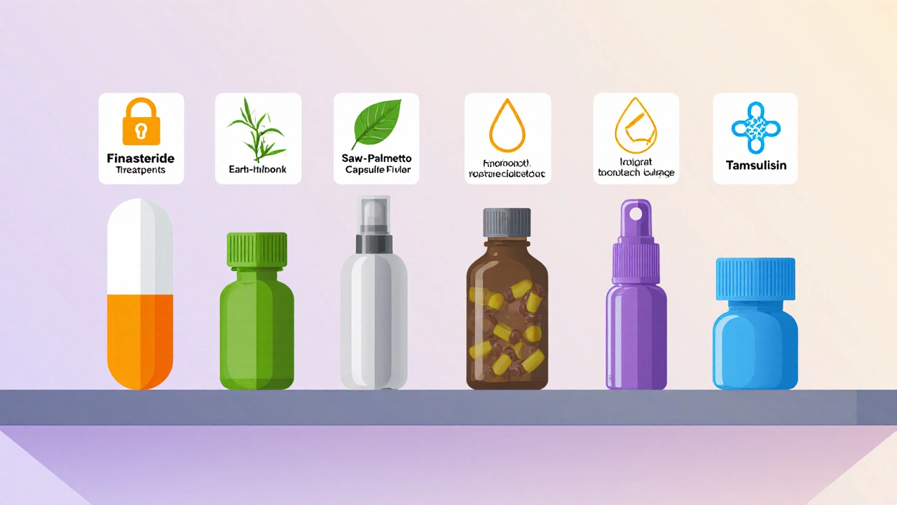 Flat illustration of pills and bottles representing various BPH and hair‑loss treatments.