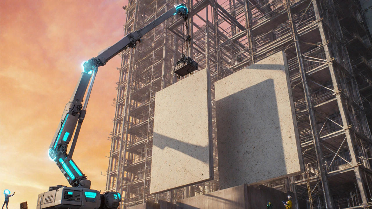 Futuristic crane lifts lightweight concrete façade panels on a skyscraper site.
