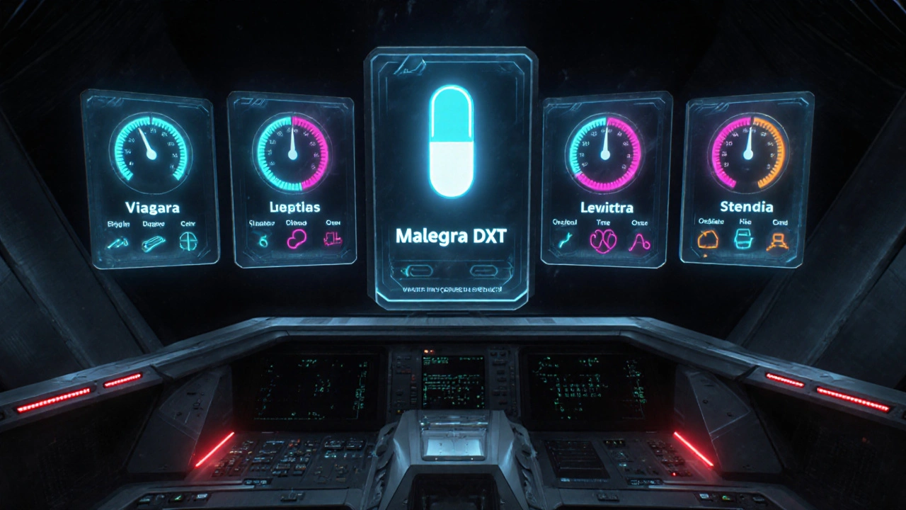 Futuristic holographic panel comparing Malegra DXT with other ED pills using gauges and icons.