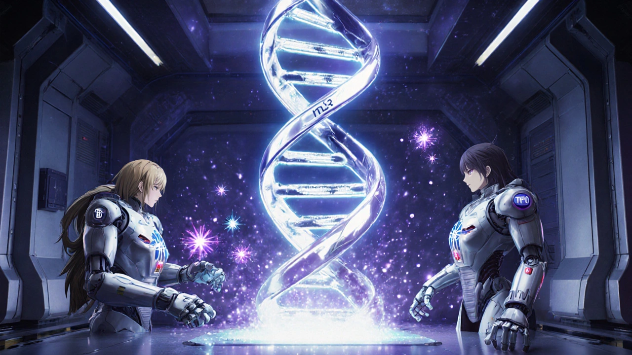 Giant metallic DNA helix with HLA‑DR3, robotic immune cells releasing glowing particles.