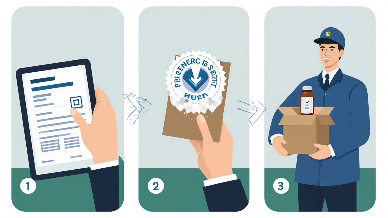 Illustrated steps: upload prescription, verify MHRA seal, receive boxed medication.