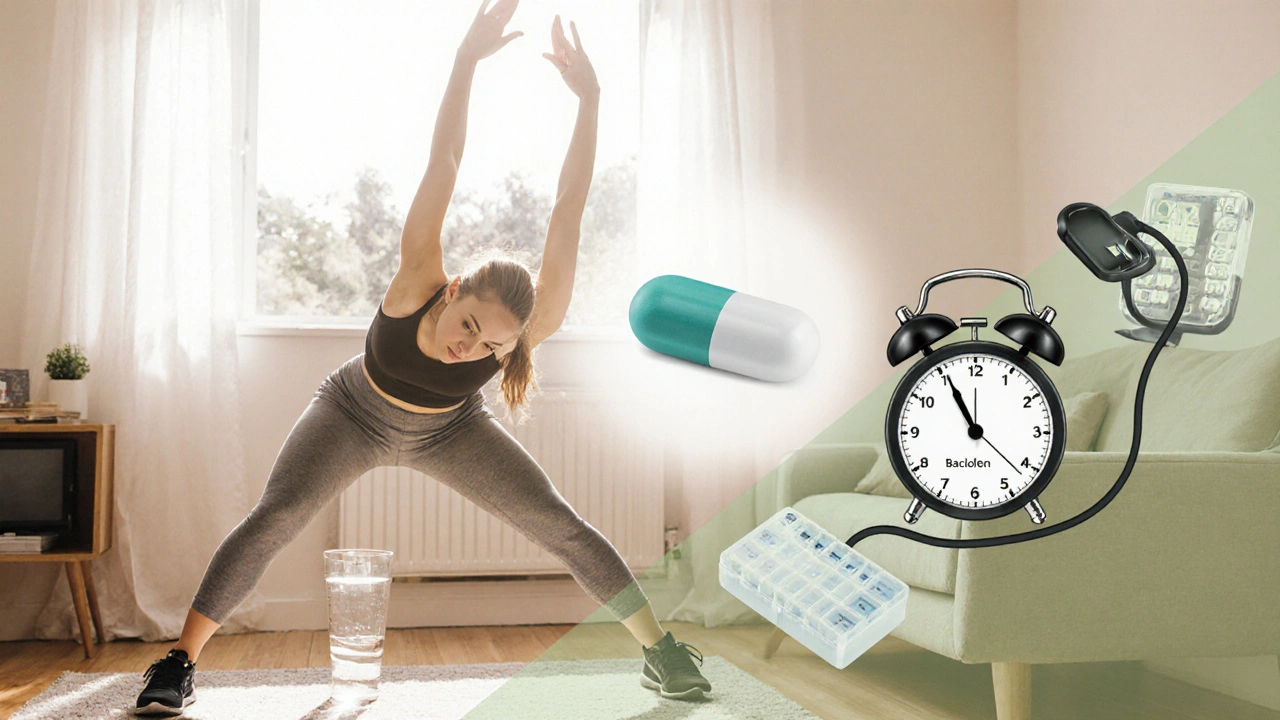 Individual stretching at home with a Baclofen tablet, taper schedule, and health‑monitoring items nearby.