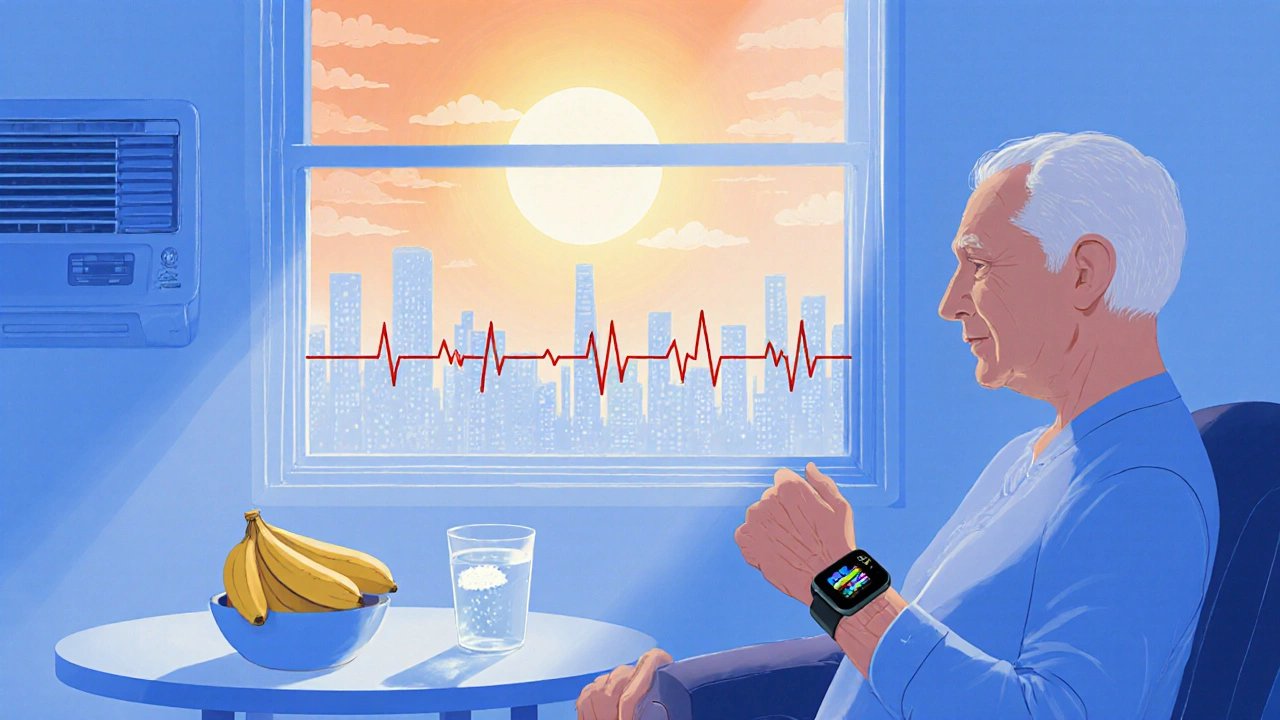 Indoor view with a senior checking a smartwatch, electrolyte drink nearby, cool air against hot outside.