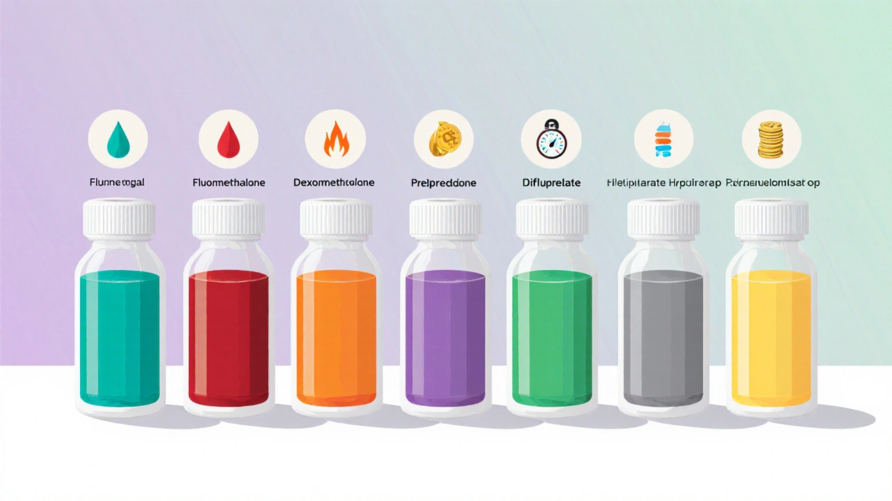 Lineup of colored eye‑drop bottles with icons for potency, pressure, and cost.