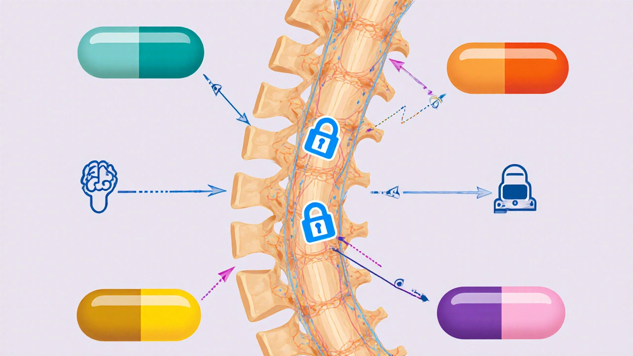 Medical illustration of spinal cord receptors with six different muscle‑relaxant pills and their mechanisms.