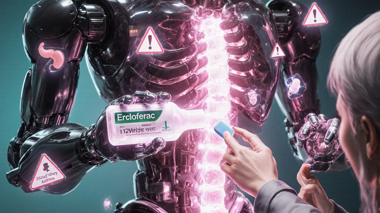 Medical robot delivering combined diclofenac and paracetamol treatment with fading risk warnings.