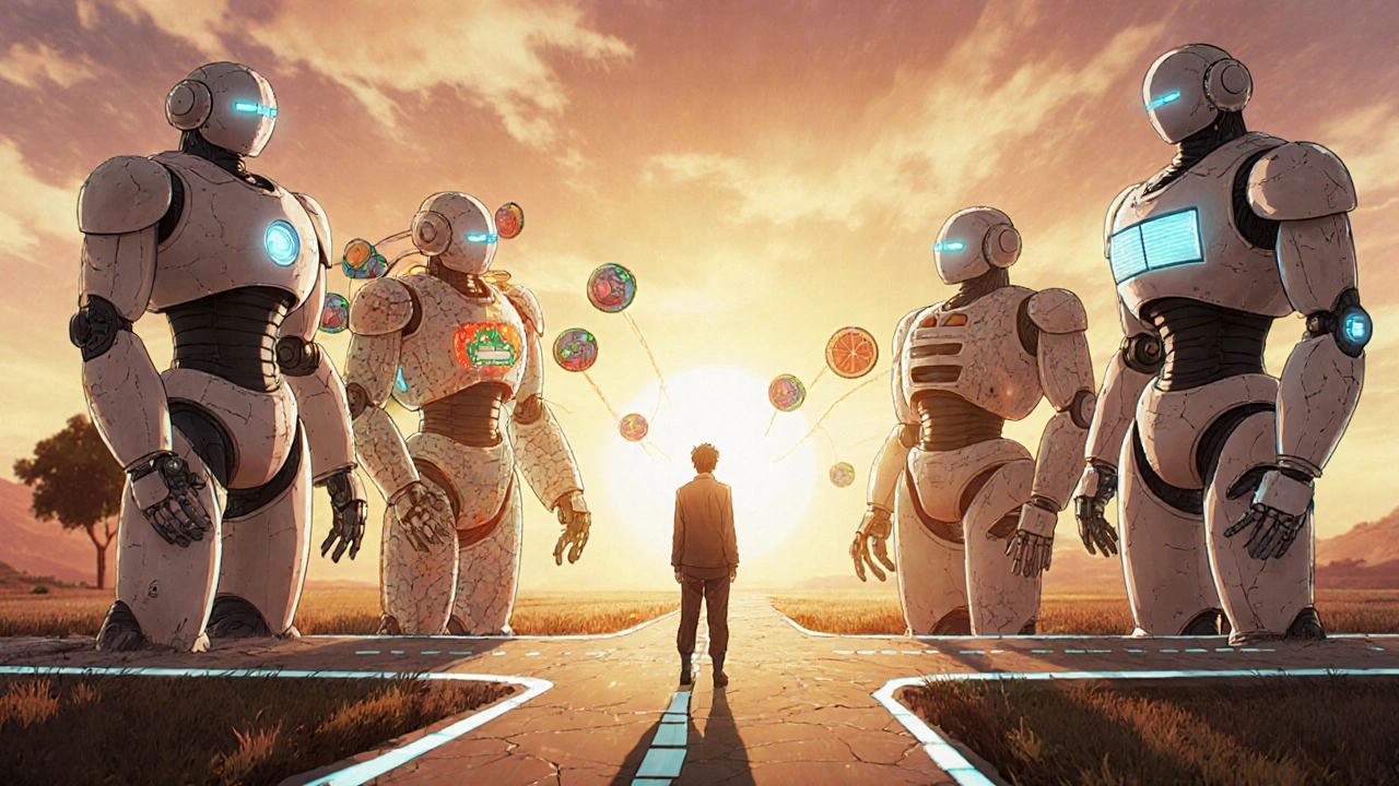 Patient at crossroads with statin robots representing different treatment paths.