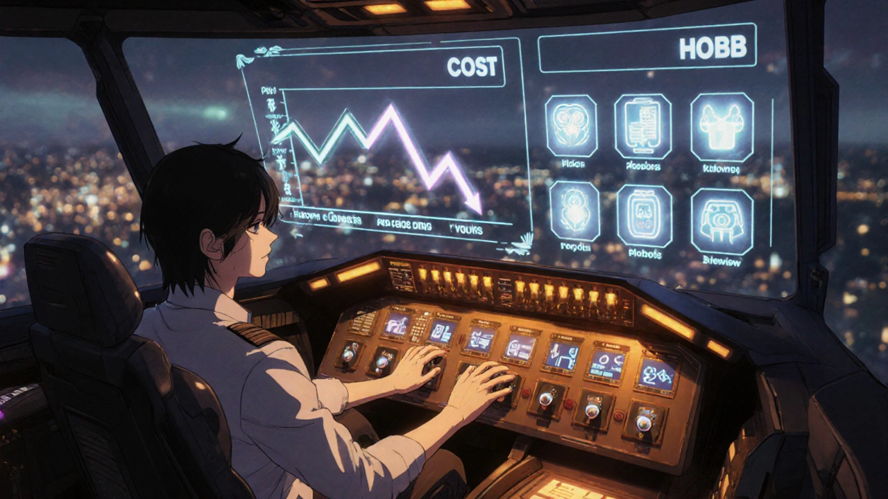Patient in a high‑tech cockpit selecting drug options while a screen shows a falling blood pressure graph.