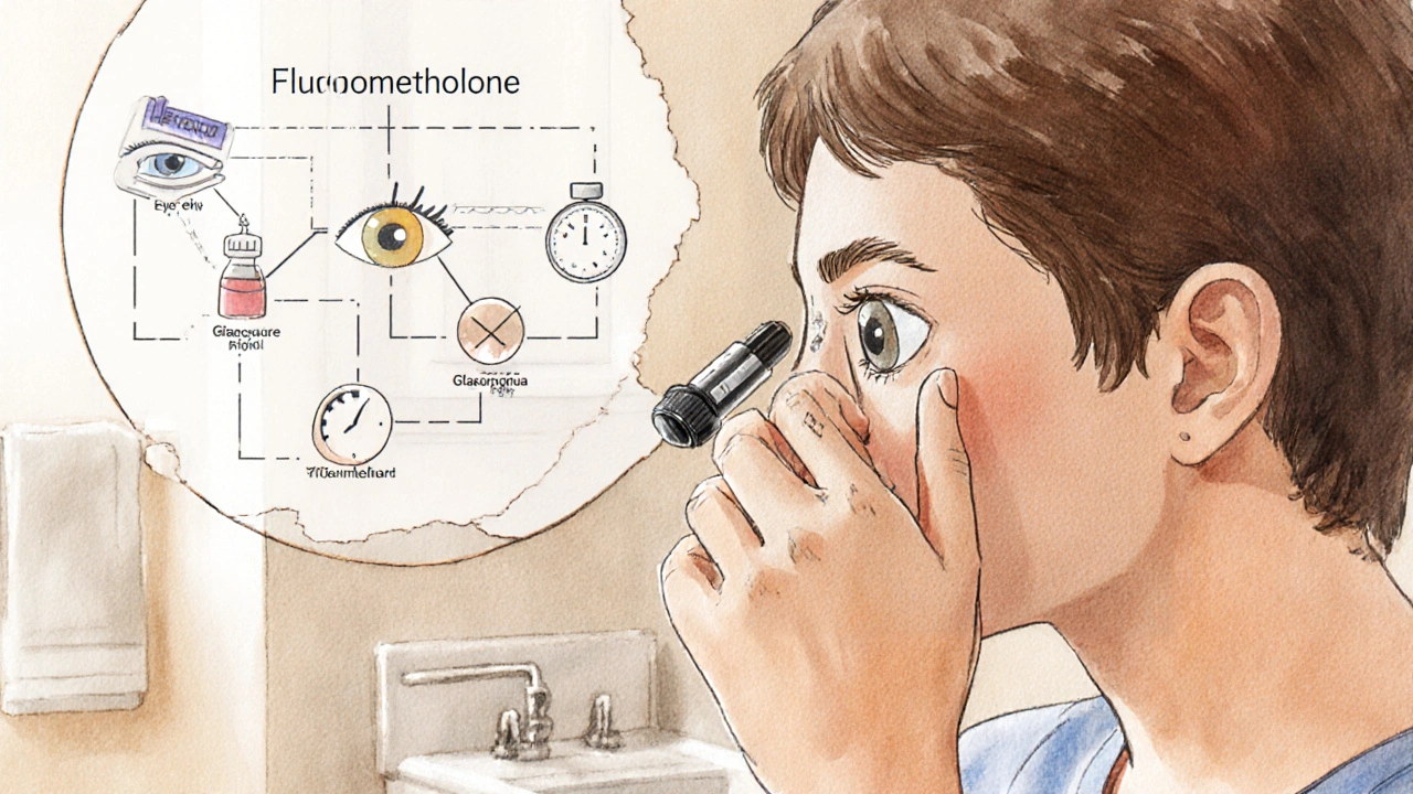 Person applying eye drops at home with subtle decision‑tree overlay.