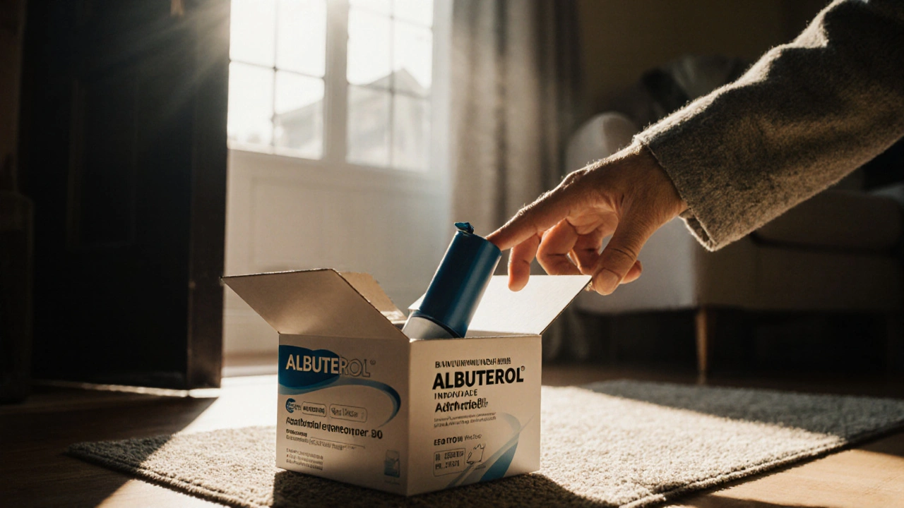 Person receiving a delivery box with authentic albuterol inhaler, smiling.