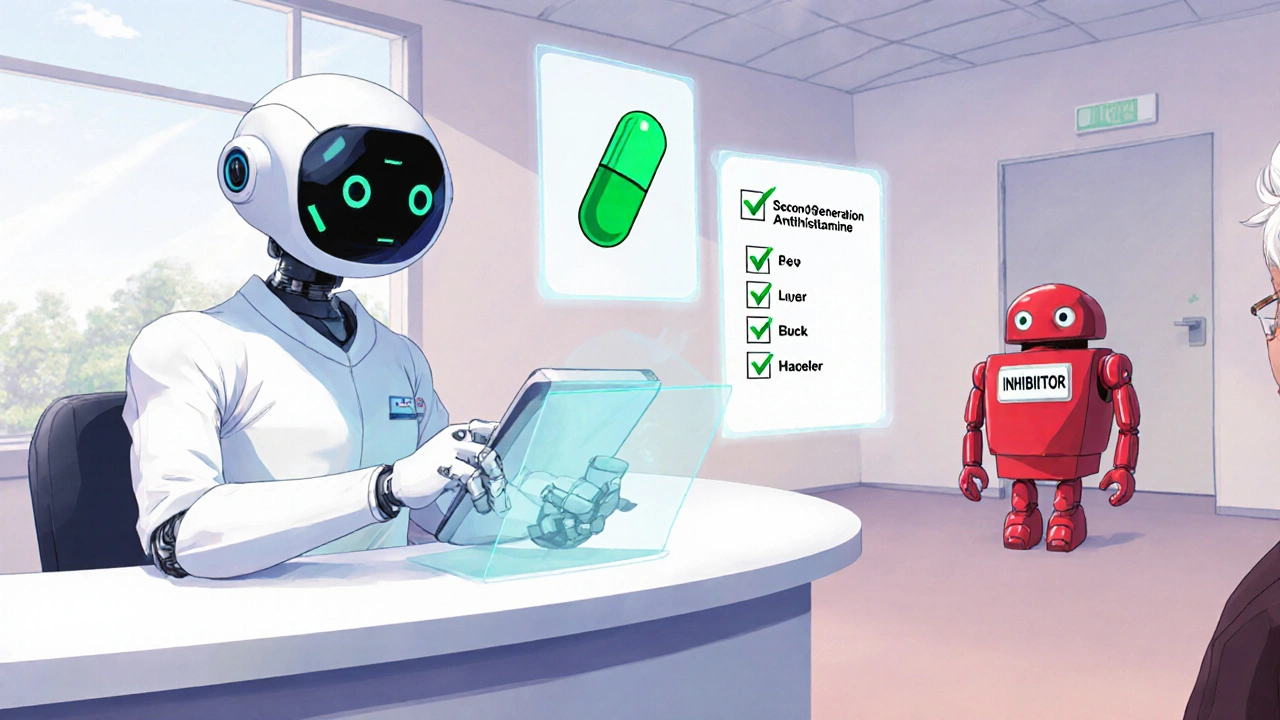 Pharmacy robot assists an elderly patient, highlighting safe antihistamine choices and interaction checklist.