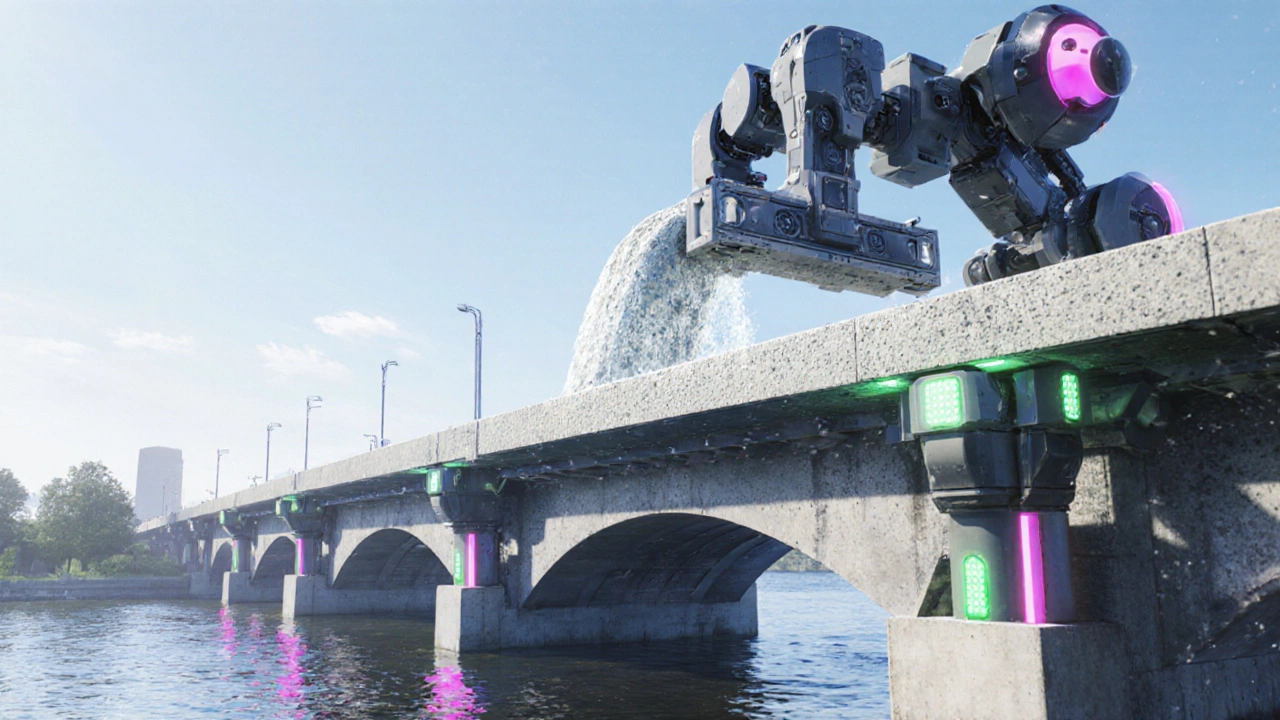 Robot arm 3D‑prints a low density concrete overlay on a bridge deck.