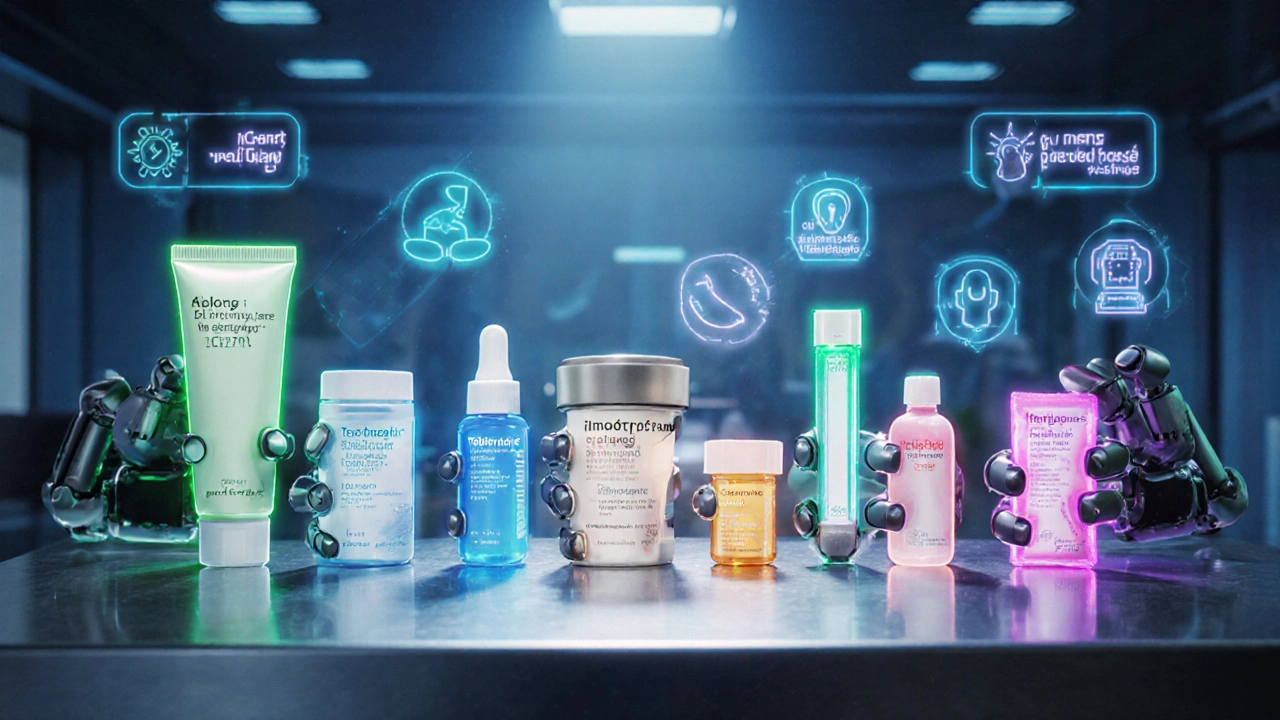 Robot arms display six antifungal products with glowing neon highlights.