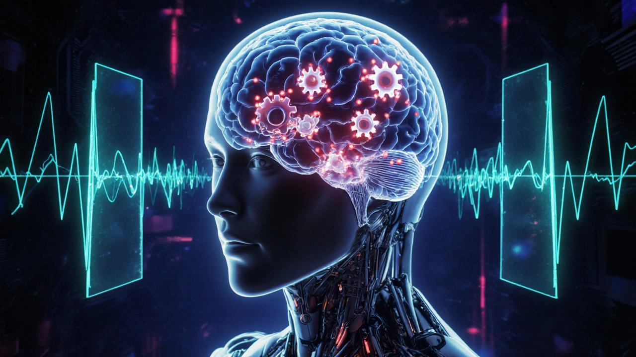 Robot brain illustration showing Meclizine molecules blocking H1 receptors in the vestibular area.