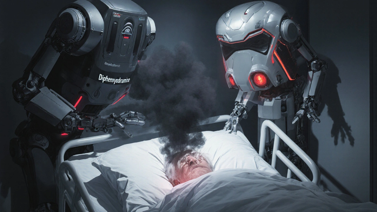Robots representing diphenhydramine and an opioid merge over a sleeping elderly patient, showing dangerous sedation.