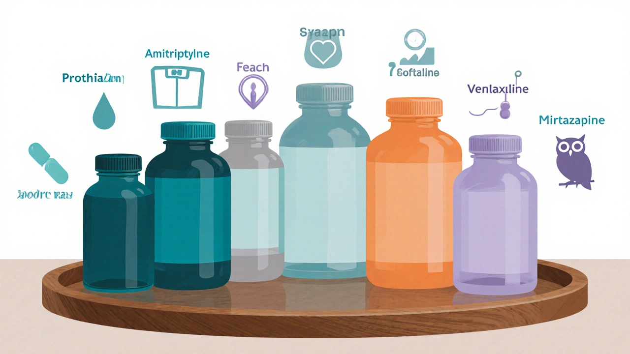 Six antidepressant bottles on a tray, each surrounded by subtle icons of their side‑effects.
