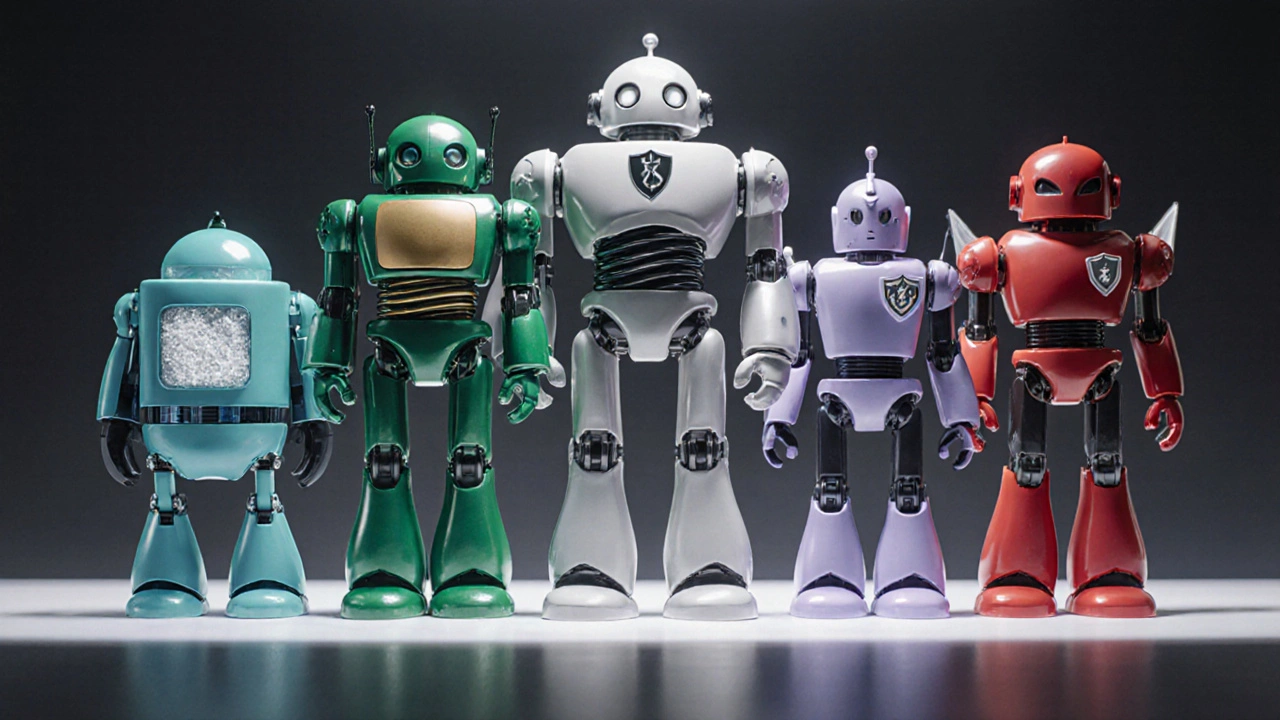 Six robot figures representing different blood pressure drugs lined up on a bench with distinct colors.