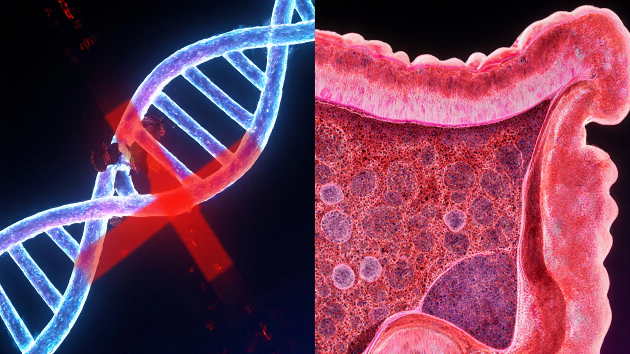 Split view showing mutated APC gene strand and colon crowded with adenomatous polyps.