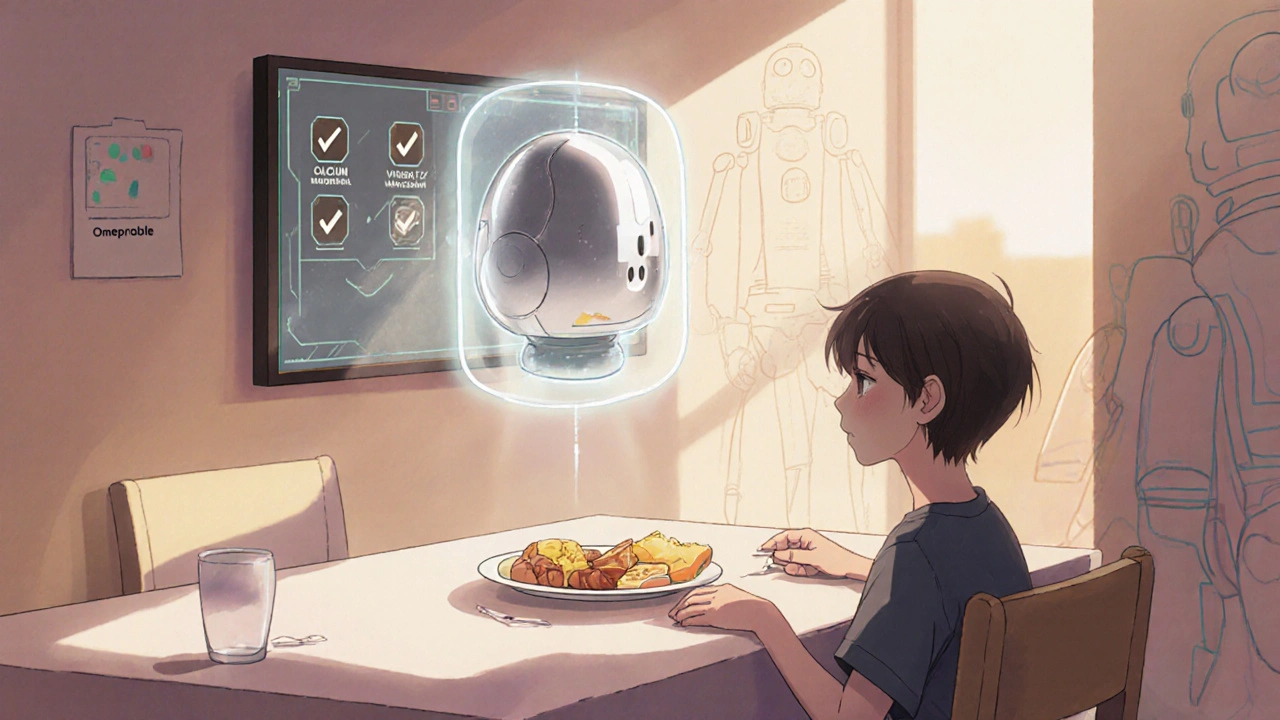 Teen at breakfast with protective robot and lab monitoring icons.