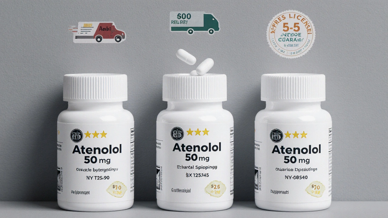 Three atenolol bottles with price tags, FDA and state license badges, and shipping icons.