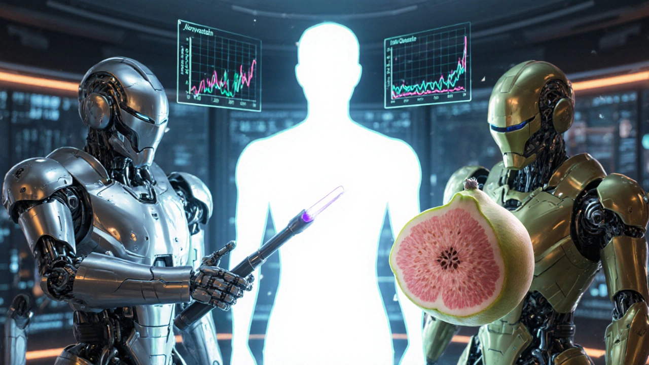 Three robot doctors with different tools over a patient, holographic cholesterol graphs floating.