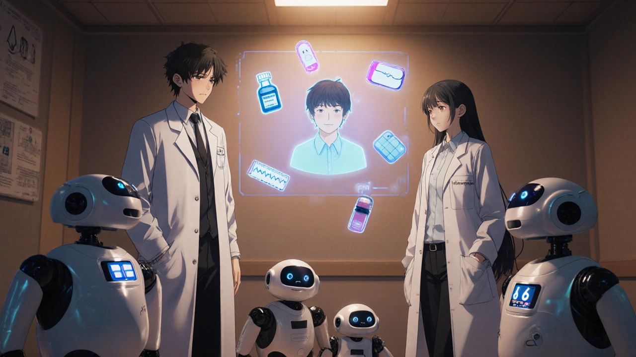 Two doctor characters in clinic with holographic patient and floating medication robots.