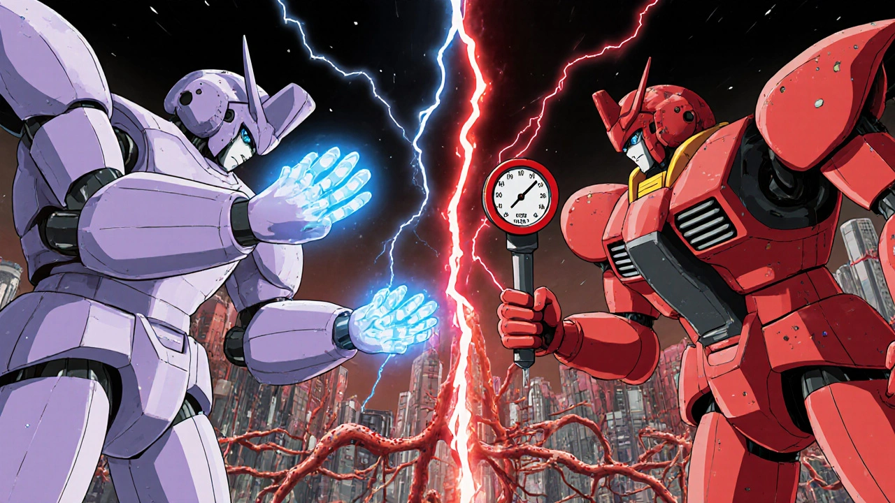 Two giant mecha representing progesterone and estrogen balance over a city of arteries with plaque.