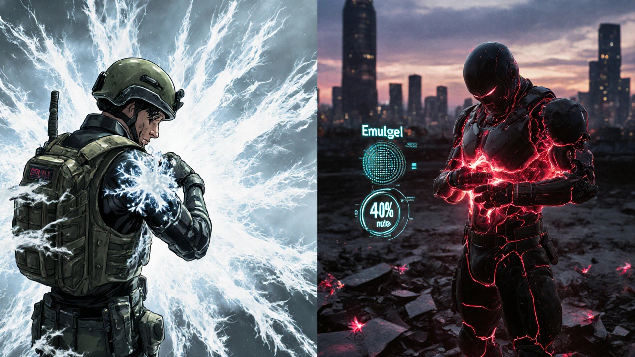 Warrior using menthol cream versus diclofenac gel, with contrasting cold and heat energy effects.