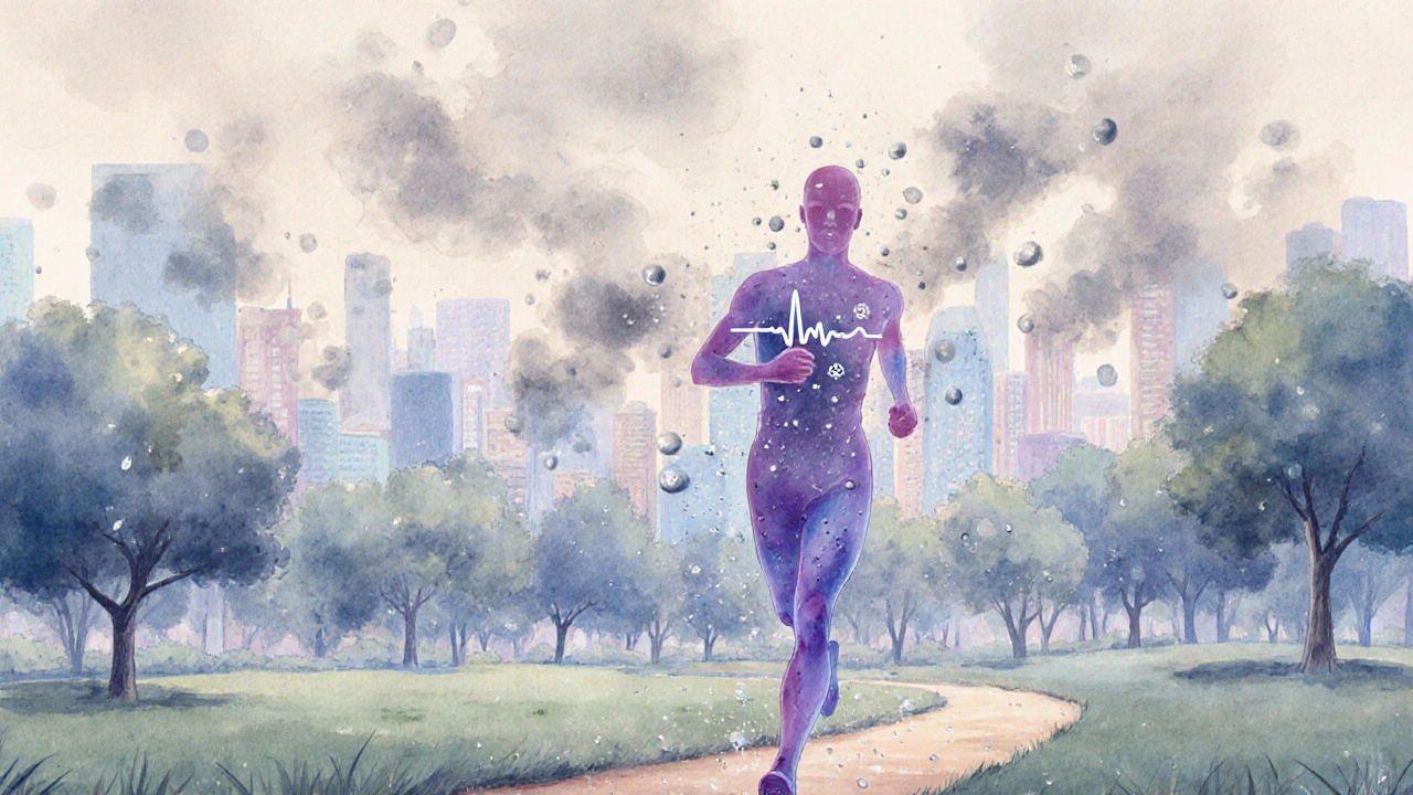 Watercolor scene of a runner in smoggy city, swirling pollutants and floating electrolyte symbols.
